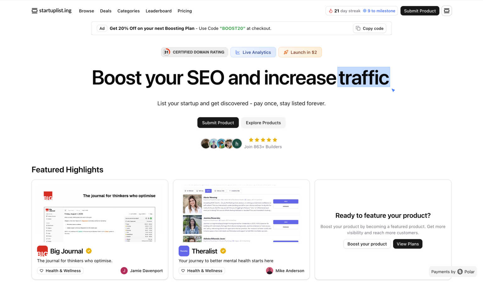 Startup Listing application interface and features