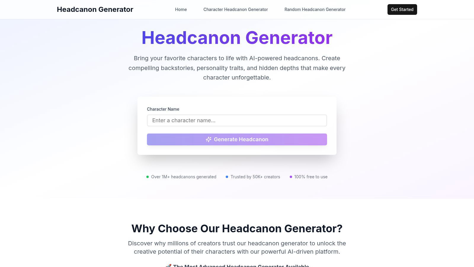 Headcanon Generator application interface and features