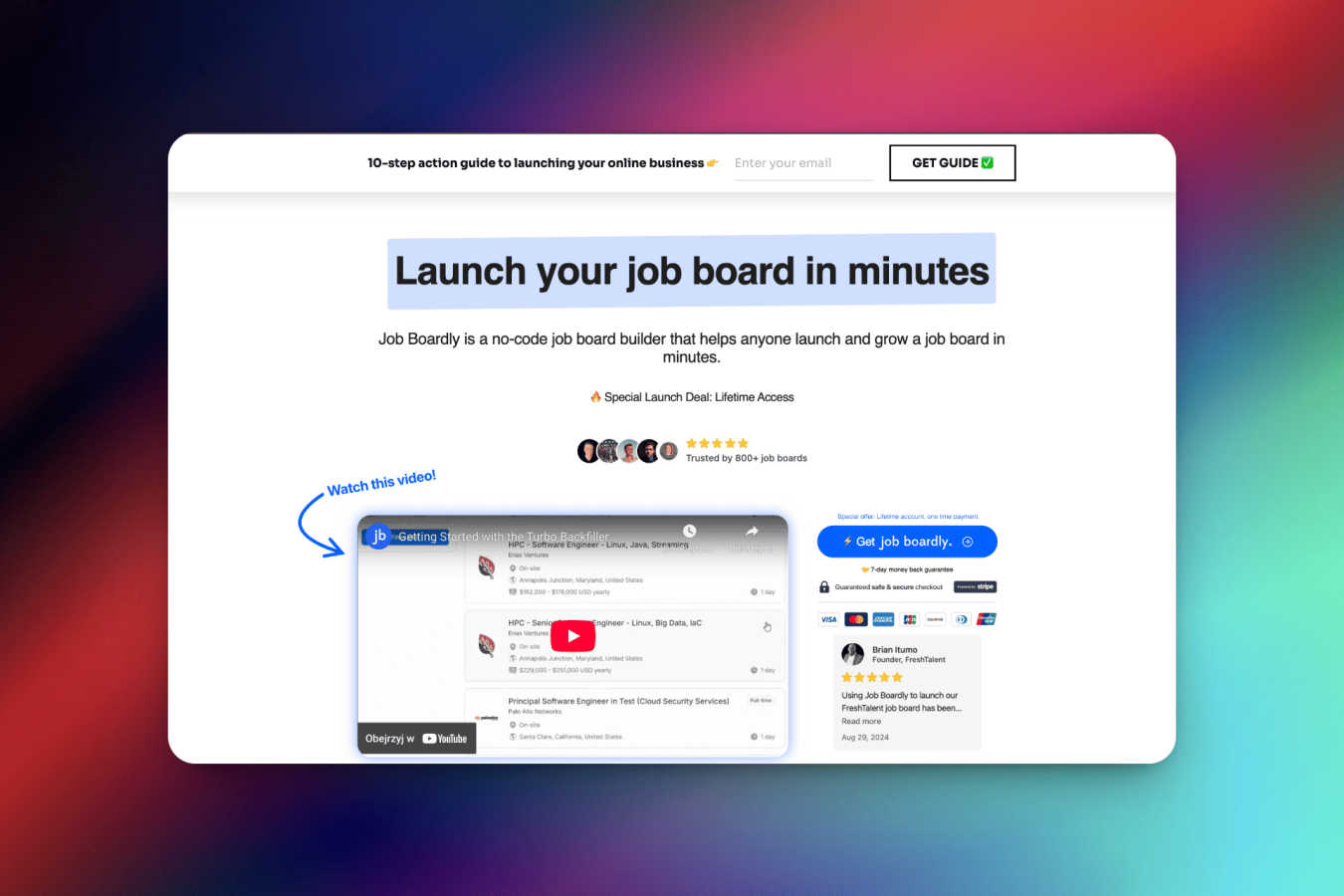 Job Boardly application interface and features