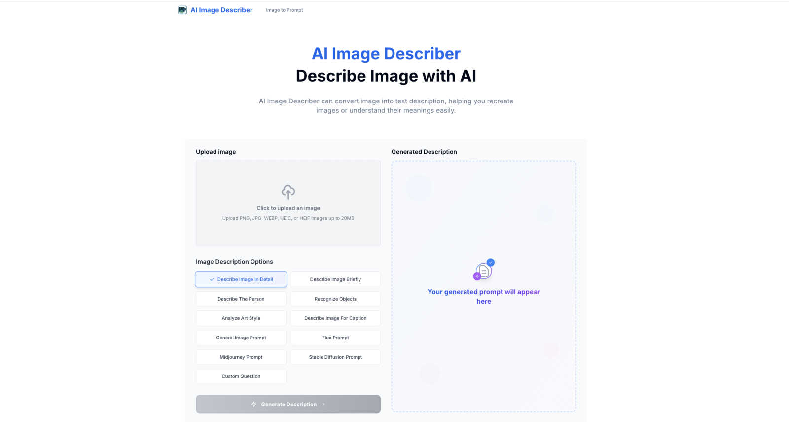 Image Describer application interface and features
