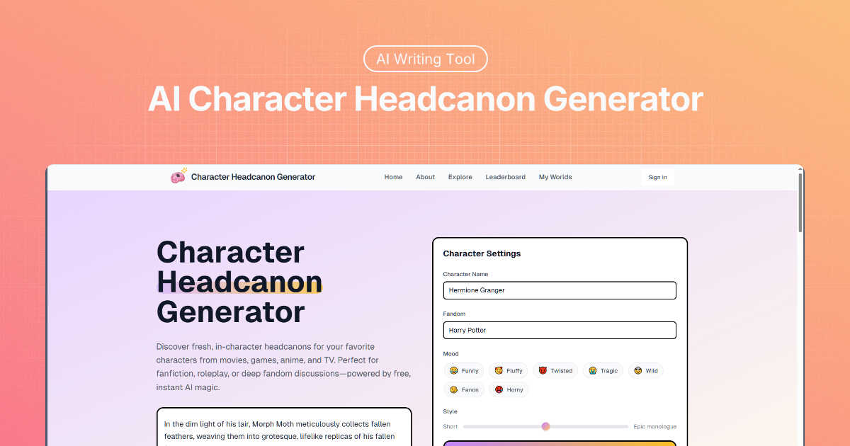 AI Character Headcanon Generator - aiheadcanon.com application interface and features