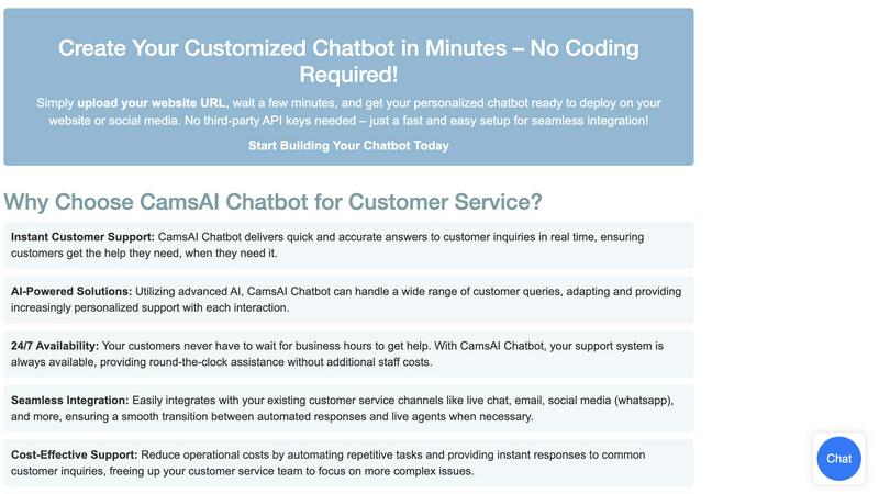 CamsAI Chatbot application interface and features
