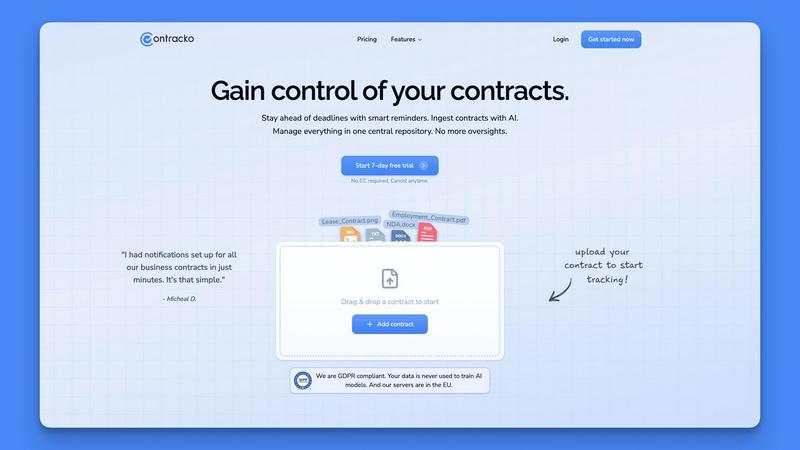 Contracko application interface and features
