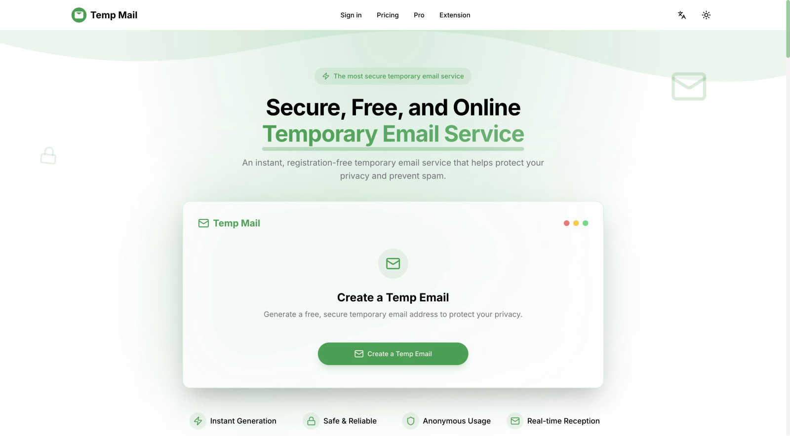 Temp Mail application interface and features